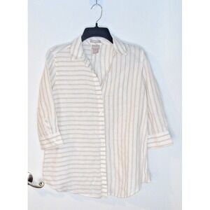 Chico's White/Tan Linen 3/4 Sleeve Button Shirt Women's Size 00P‎